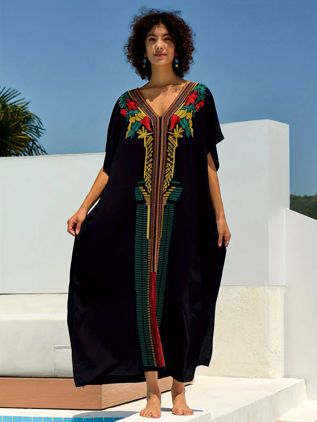 Embroidered Women Loose Black Kaftan Summer Beach Dress Bohemian Holiday Swimsuit Coverup Cozy Robe Outfit dropshipping