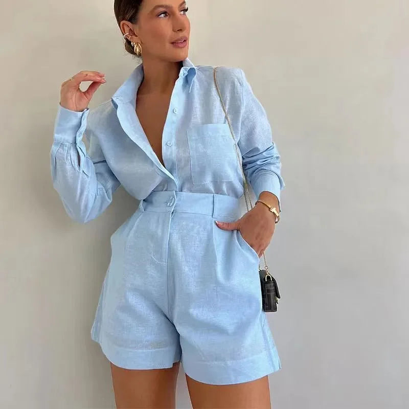 Women's Long Sleeve 2-Piece Set | Button Detail Shirt & Shorts
