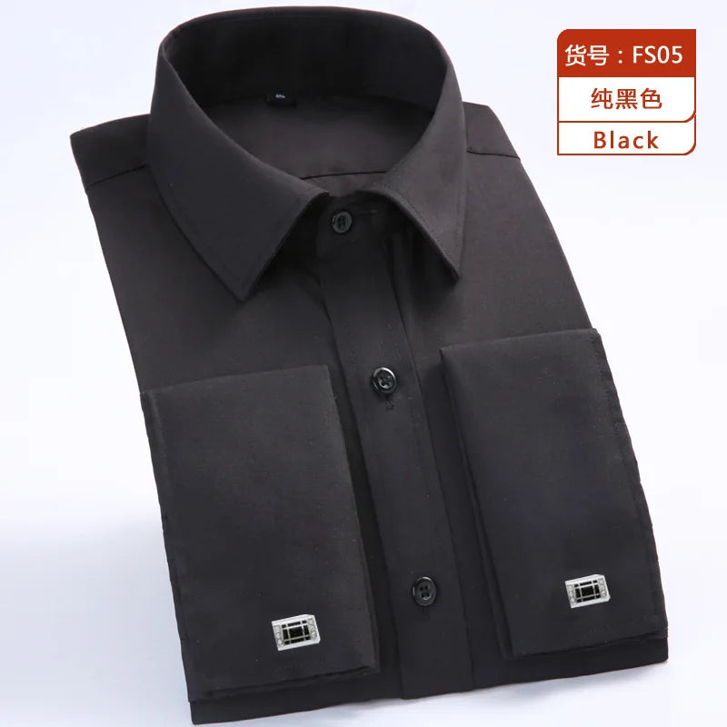 New M~6XL Cotton Men's French Cuffs Business Long Sleeve Shirt Stripes Comfortable Standard Elegant Formal Shirts Cufflink Top