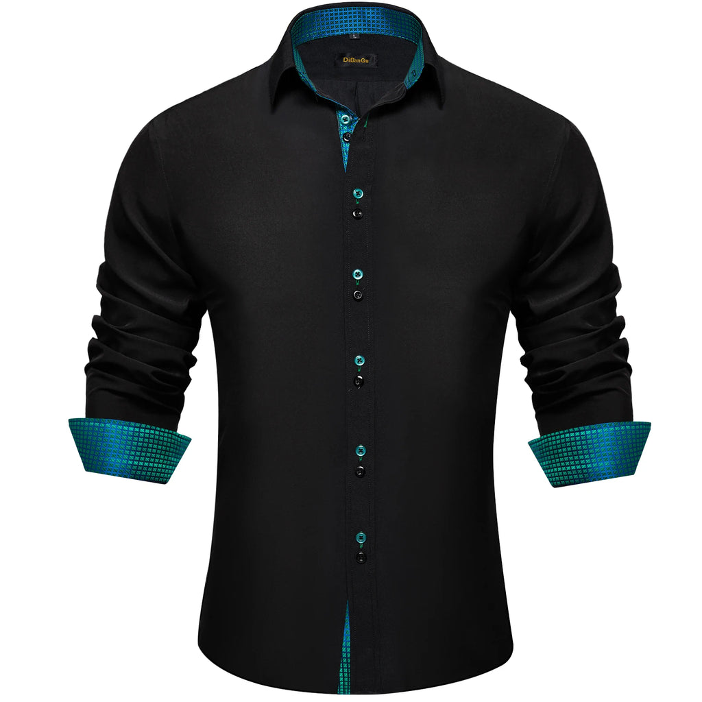 Men's Polyester Cotton Solid Black Shirts Long Sleeve Blue Paisley Patchwork Social Casual Dress Shirt Elegant Men Clothing