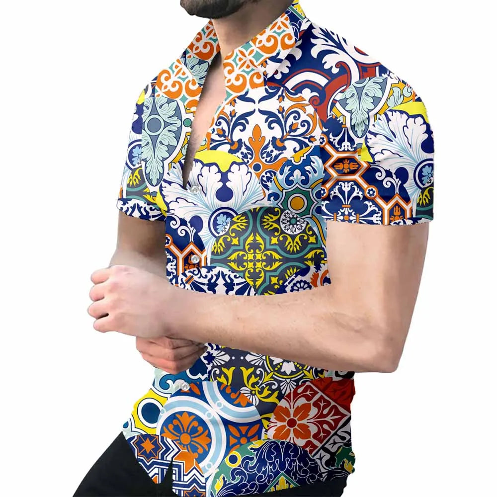 2023 New High Quality Hawaiian Baroque Short Sleeve 3D Printed Men's Shirt