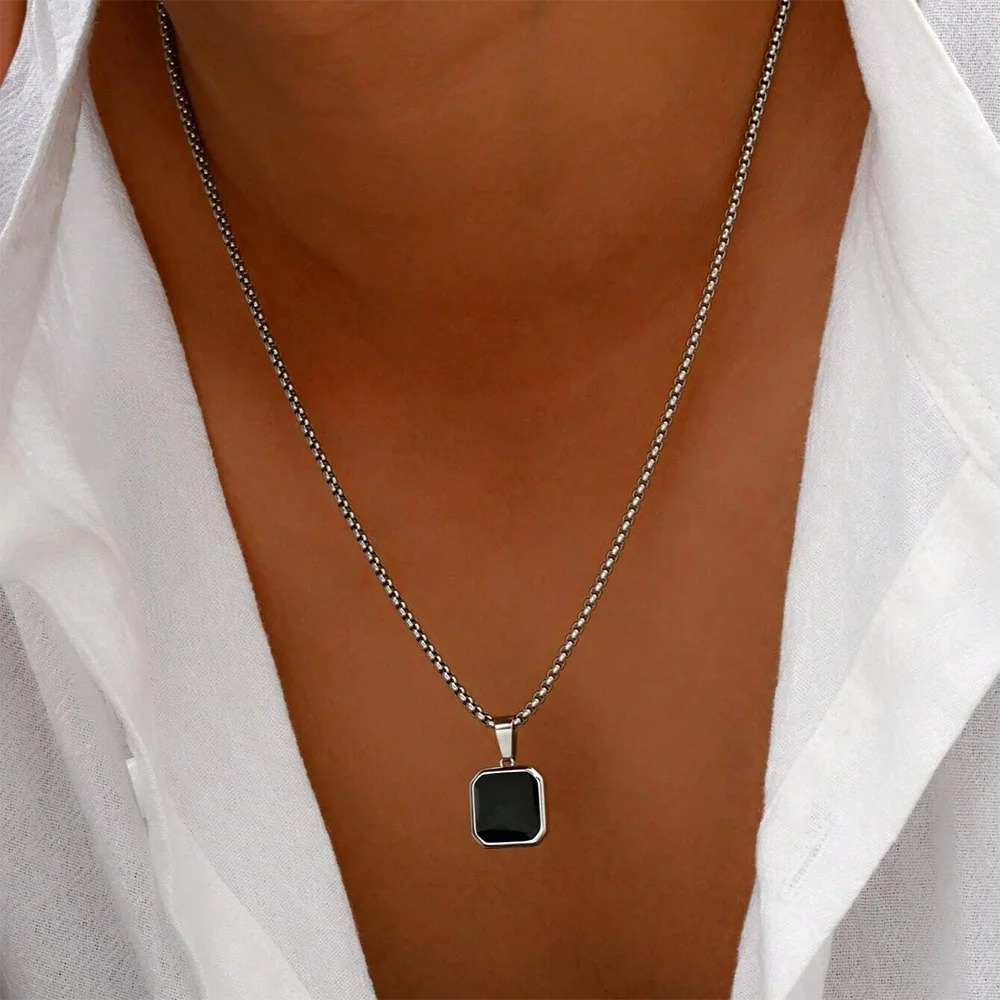 Geometric Square Pendant Necklace – Stainless Steel Sweater Chain