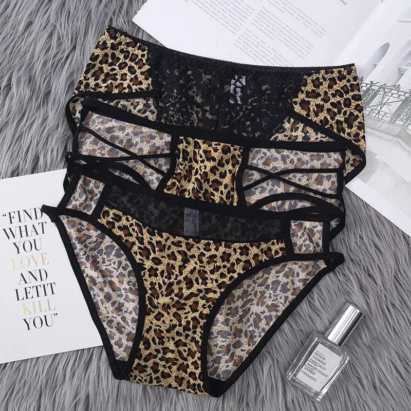 Sexy Leopard Mesh Bikini Straps Briefs Women Underwear Transparent Seamless Briefs Sports Ice Silk Leopard Print Underpants