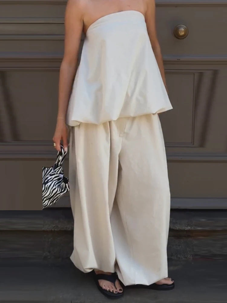 Women's Strapless Pleated Top & Loose Lantern Pants Set | Casual 2-Piece
