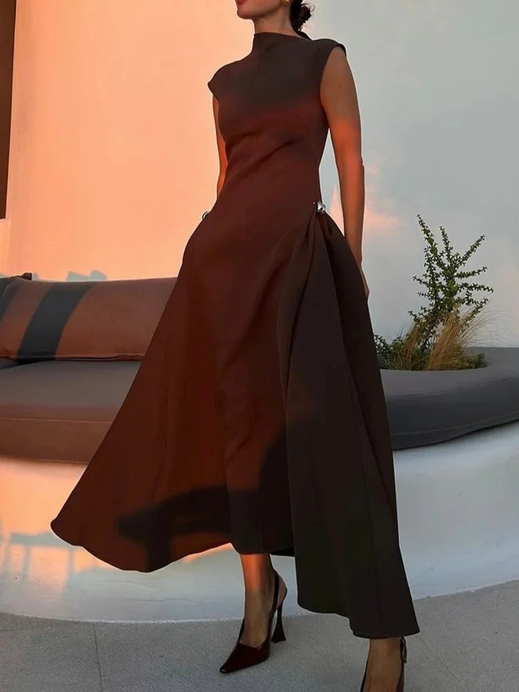 Elegant Asymmetric Collar Sleeveless A-Line Maxi Dress – Women's Evening Gown