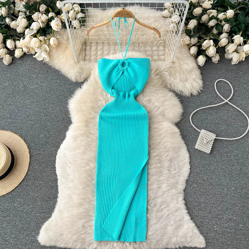 Women's Knit Bodycon Midi Dress — Sexy Slash Neck Split Streetwear