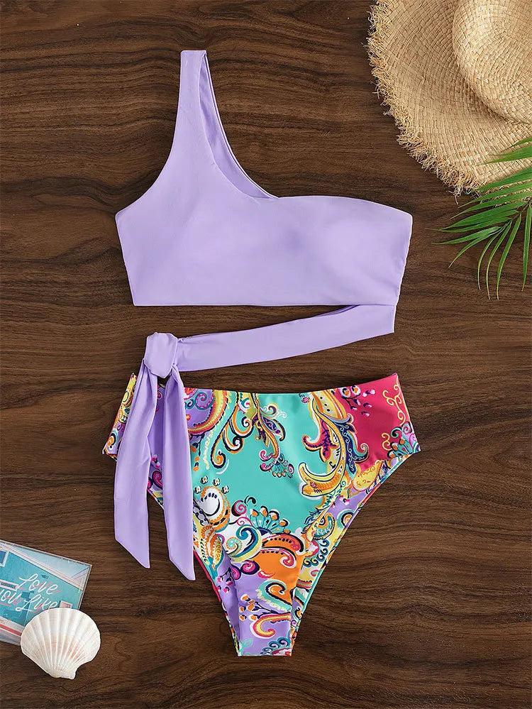 2025 New Push Up Single Shoulder Stripe Women Bikini Set High Cut Printed Bottom Padded Swimwear Summer Beachwear Bathing Suit