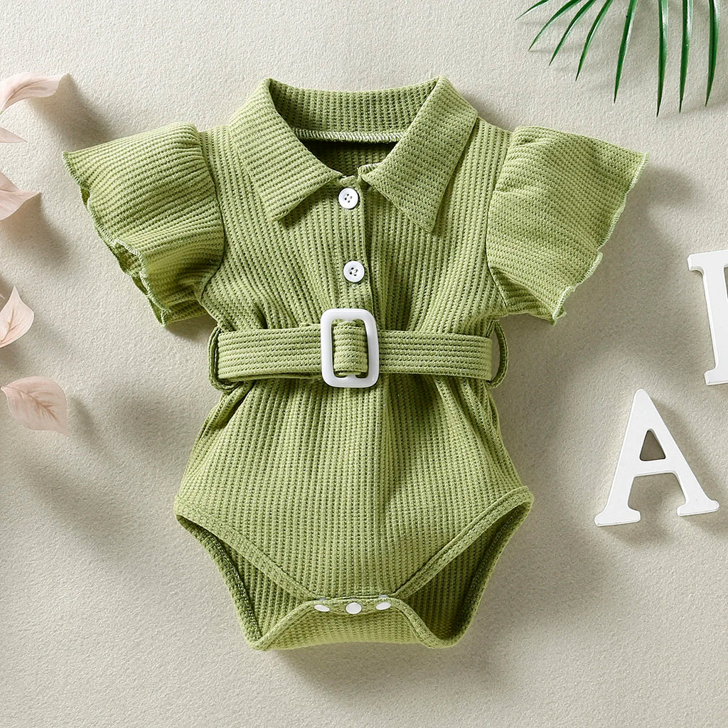 Multi-color Fashion Girls Lapel Ruffled Sleeve Design Short Sleeve Onesie + Same Color Belt Single-breasted Placket Summer Suit