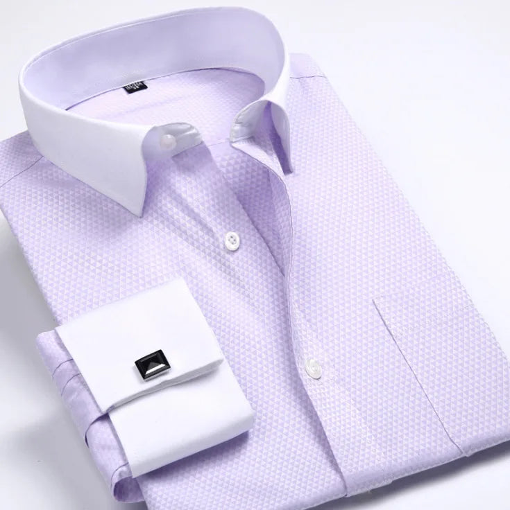 New M~6XL Cotton Men's French Cuffs Business Long Sleeve Shirt Stripes Comfortable Standard Elegant Formal Shirts Cufflink Top
