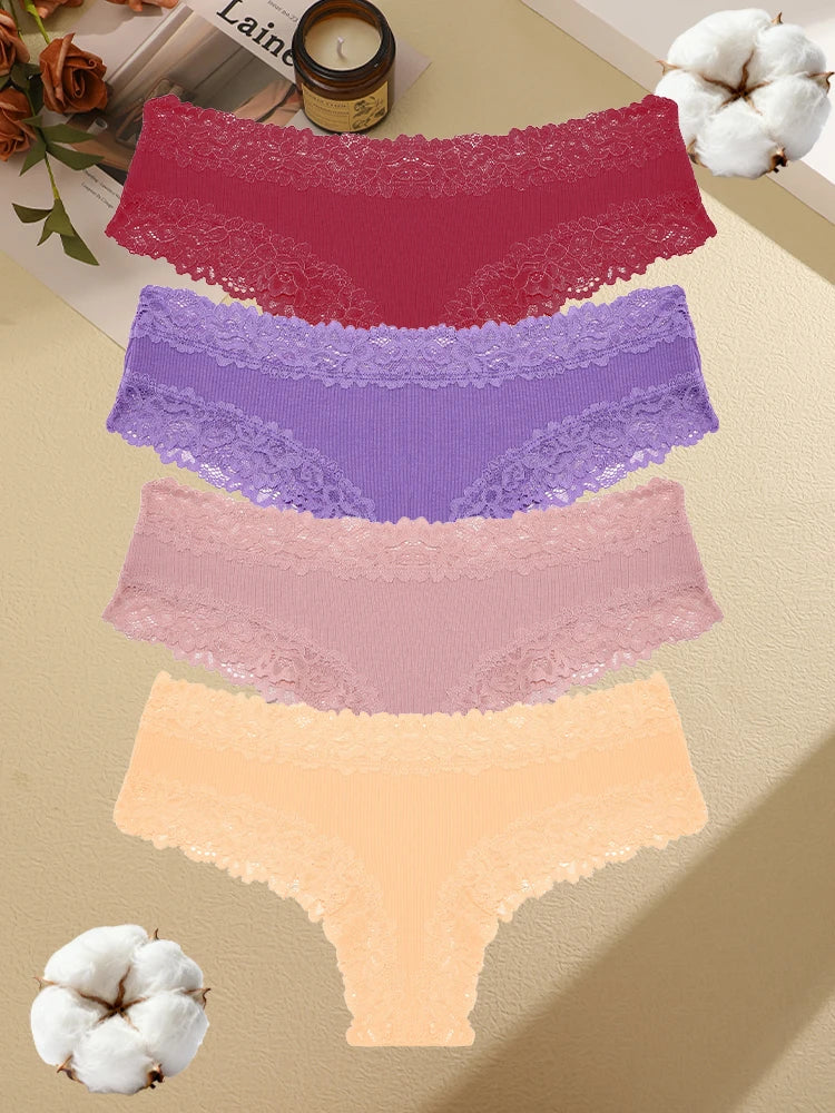 4PCS Seamless Cotton Fabric Panties For Women Sexy Lace Solid Color Brazilian Pants Female Soft Comfortable Bikini Underpants