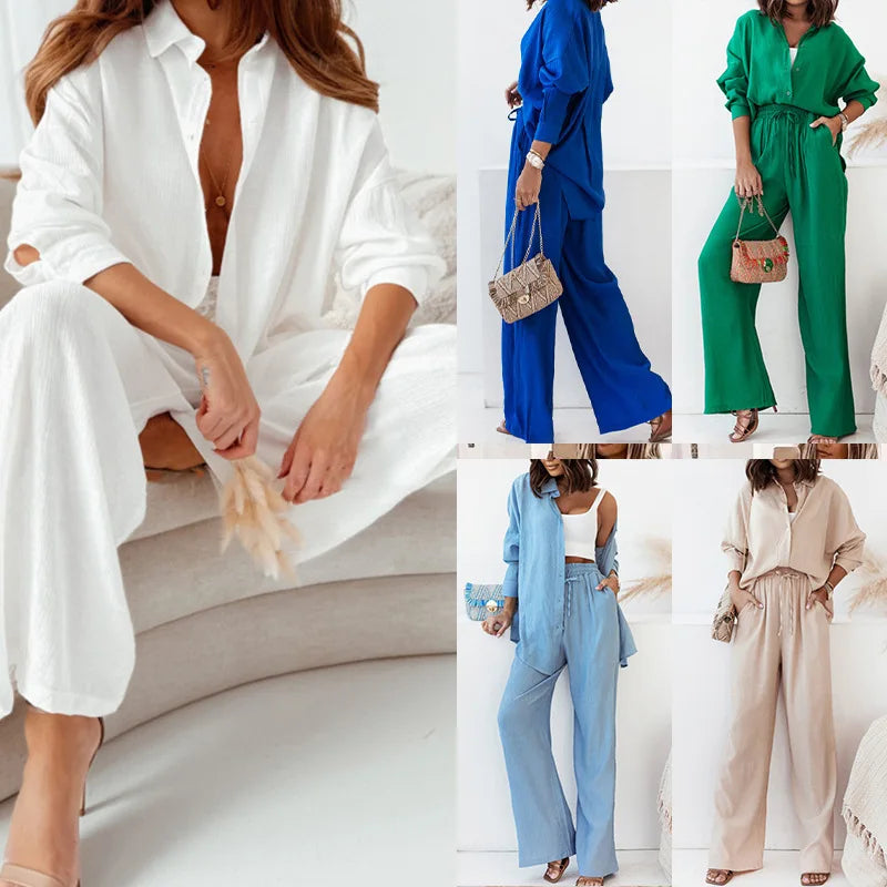 Women's Lapel Shirt & High Waist Wide-Leg Trousers – Elegant 2-Piece Suit Set