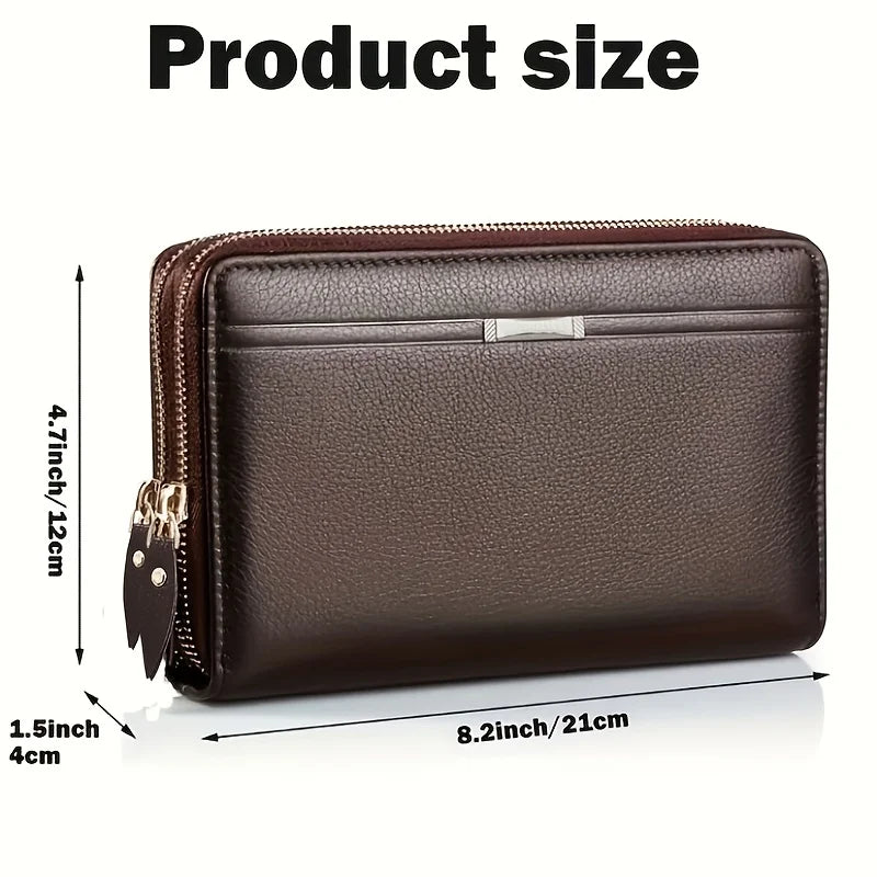 Men's Long Leather Wallet & Clutch — Large Business Zip-Around Purse with Phone & Card Holder | Brown & Black