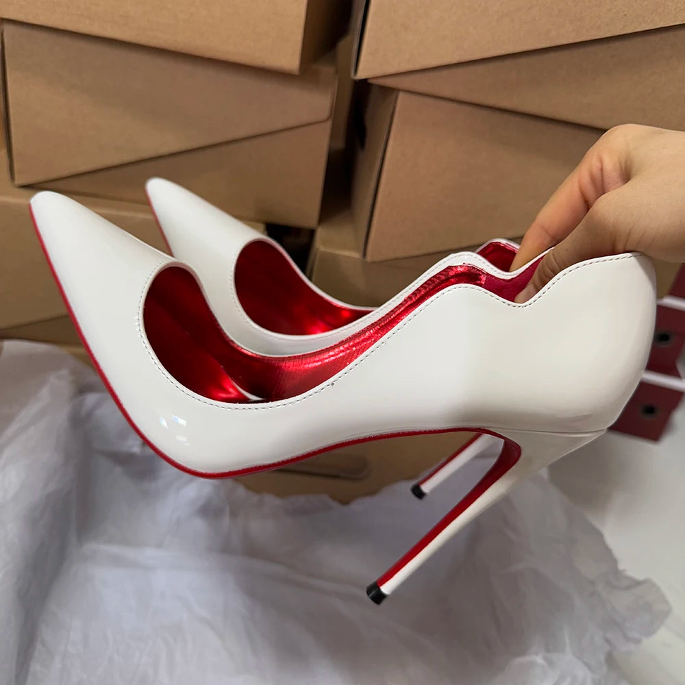 Veowalk Wave Cut Women Pointed Toe Stiletto Pumps Fashion Design Red Inside Slip On 12cm High Heel Shoes Glossy Nude Black White