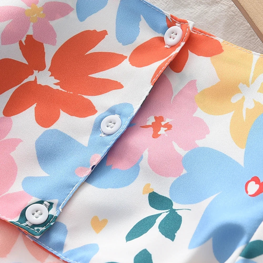 Summer New Fashionable Floral Countryside Style Dress for Baby Girls Colorful Floral Short Sleeved Dress for Girls Aged 3-7