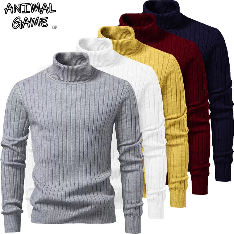 Men's Turtleneck Knit Sweater — Warm Striped Pullover