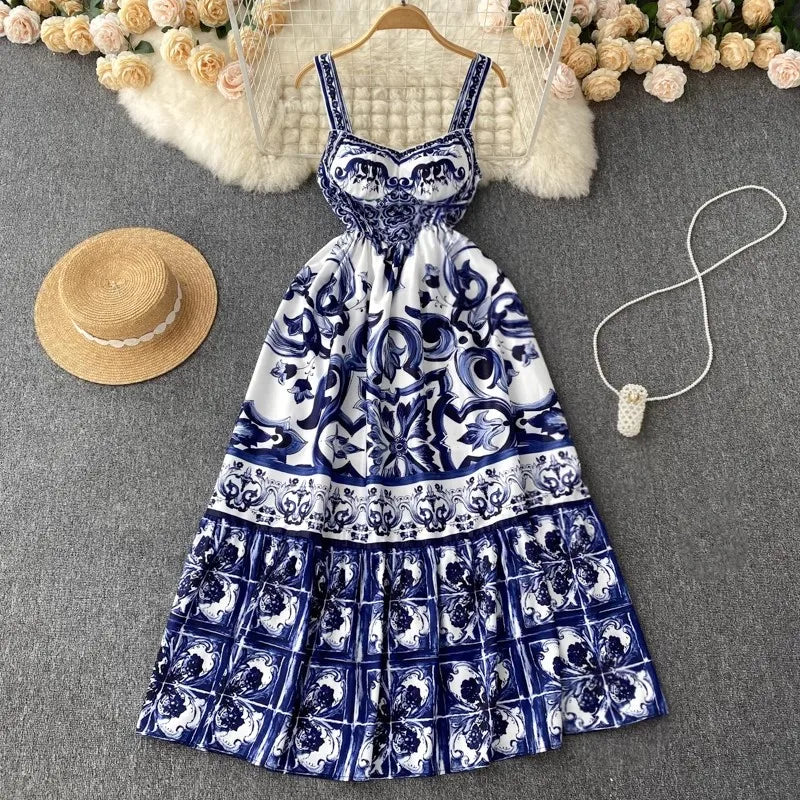 Women's Printed Maxi Dress – V-Neck Spaghetti Strap Beach Vacation Dress
