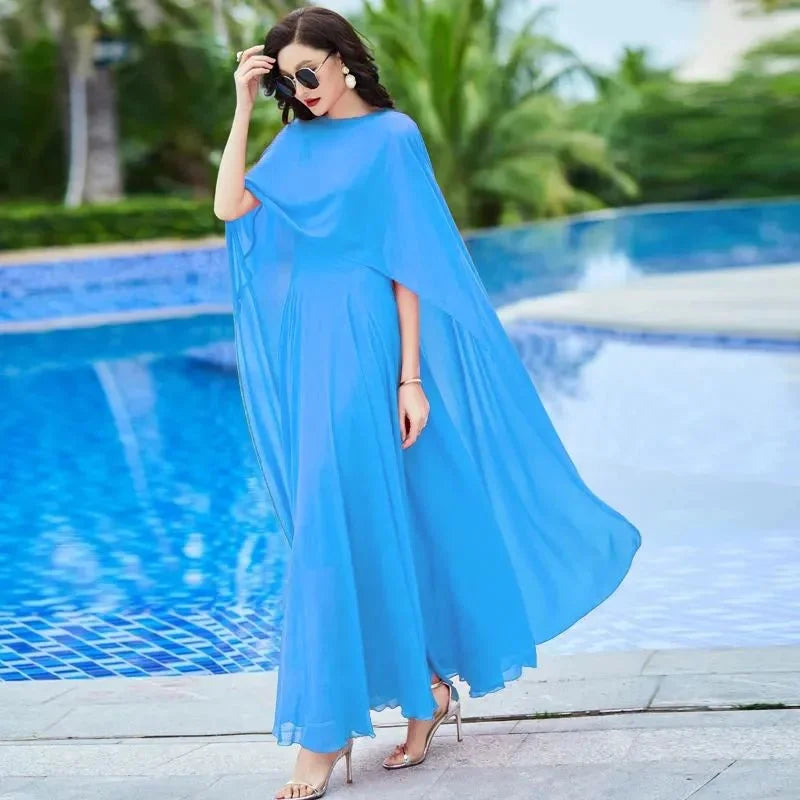 Women's Bohemian Chiffon Maxi Dress & Shawl Set – Spaghetti Strap A-Line