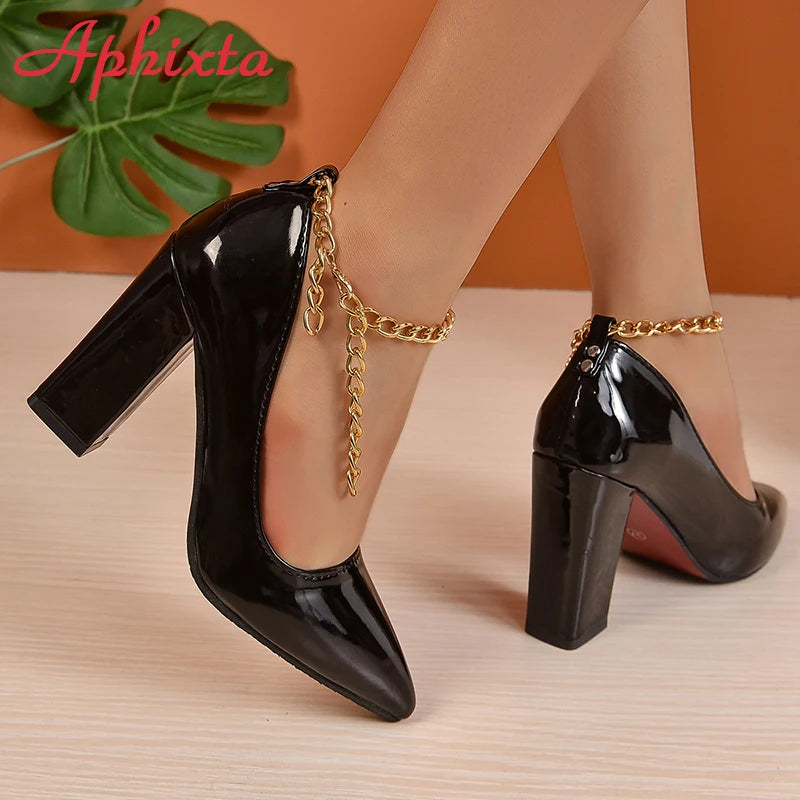 Aphixta Hot Sale Sexy Super High Heel 10cm Square Heels Pumps Women Gold Metal Chain Ankle Strap Shoes Pointed Toe Big Size50 53