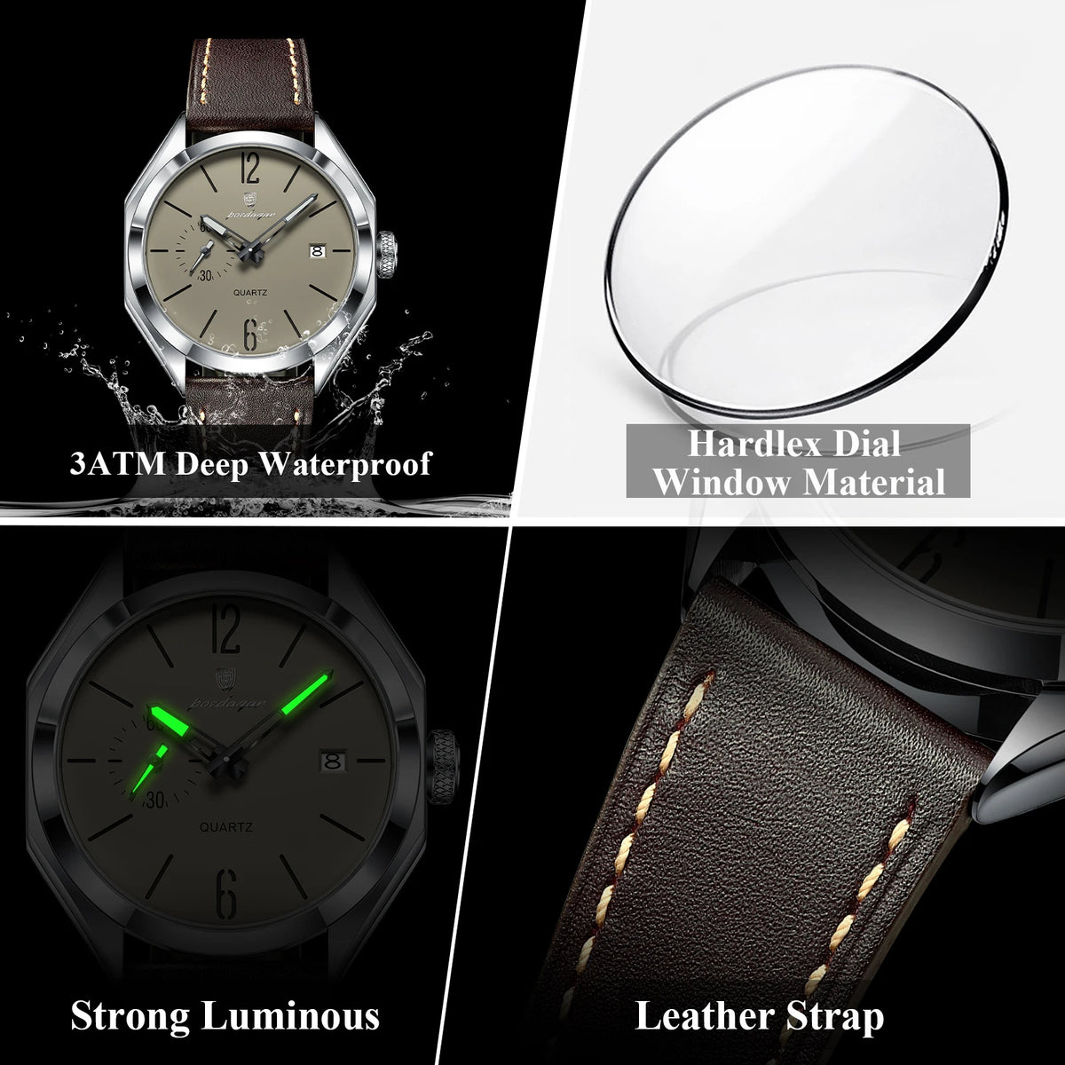 POEDAGAR Men's Leather Quartz Watch
