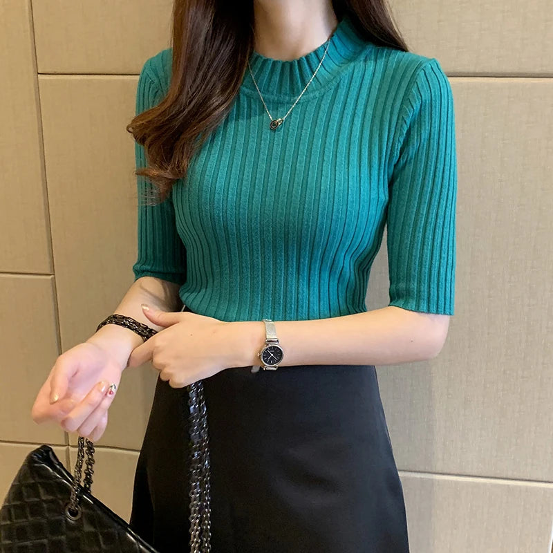 Women's Short Sleeve Knit Pullover Top | Half-High Collar | 9 Colors | One Size