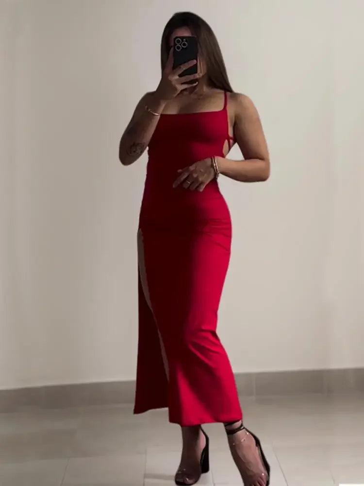 Women's Spaghetti Strap Bodycon Maxi Dress – Slim Fit Slash Neck Streetwear