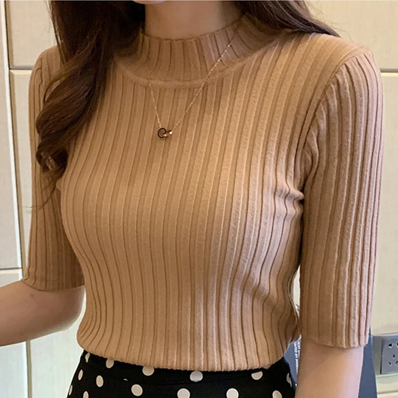 Women's Short Sleeve Knit Pullover Top | Half-High Collar | 9 Colors | One Size