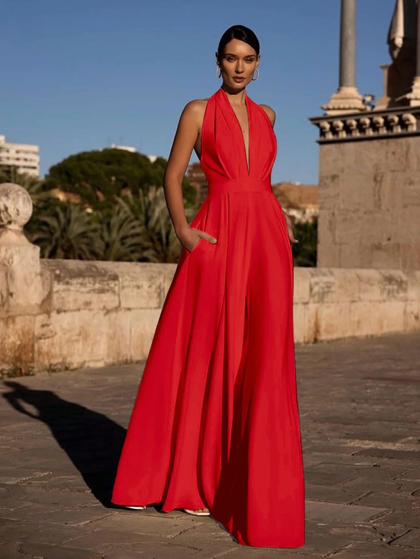 Temperament Elegant Halter Neck Jumpsuits Women Sexy Deep V-neck Backless High Waist Wide Leg Jumpsuit Solid Color Female New