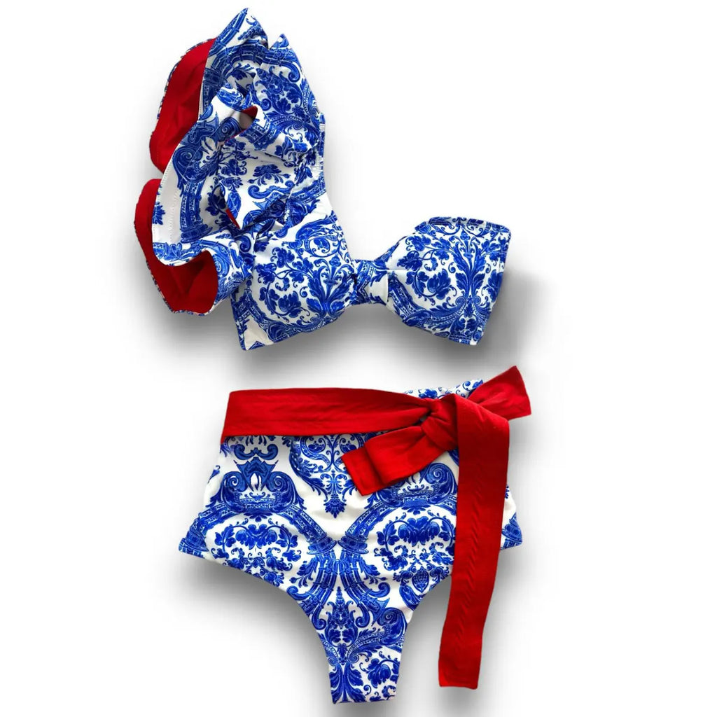 2025 New Sexy High Waist Bikini Sets Ruffle Swimwear Women Swimsuit Print Floral Dots V-neck Beach Wear Bathing Suits Biquini
