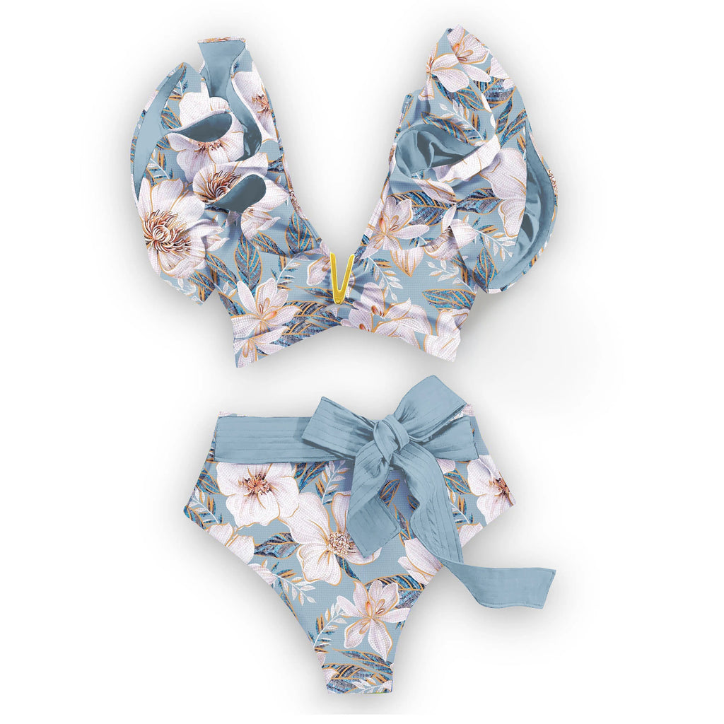 2025 New Sexy High Waist Bikini Sets Ruffle Swimwear Women Swimsuit Print Floral Dots V-neck Beach Wear Bathing Suits Biquini