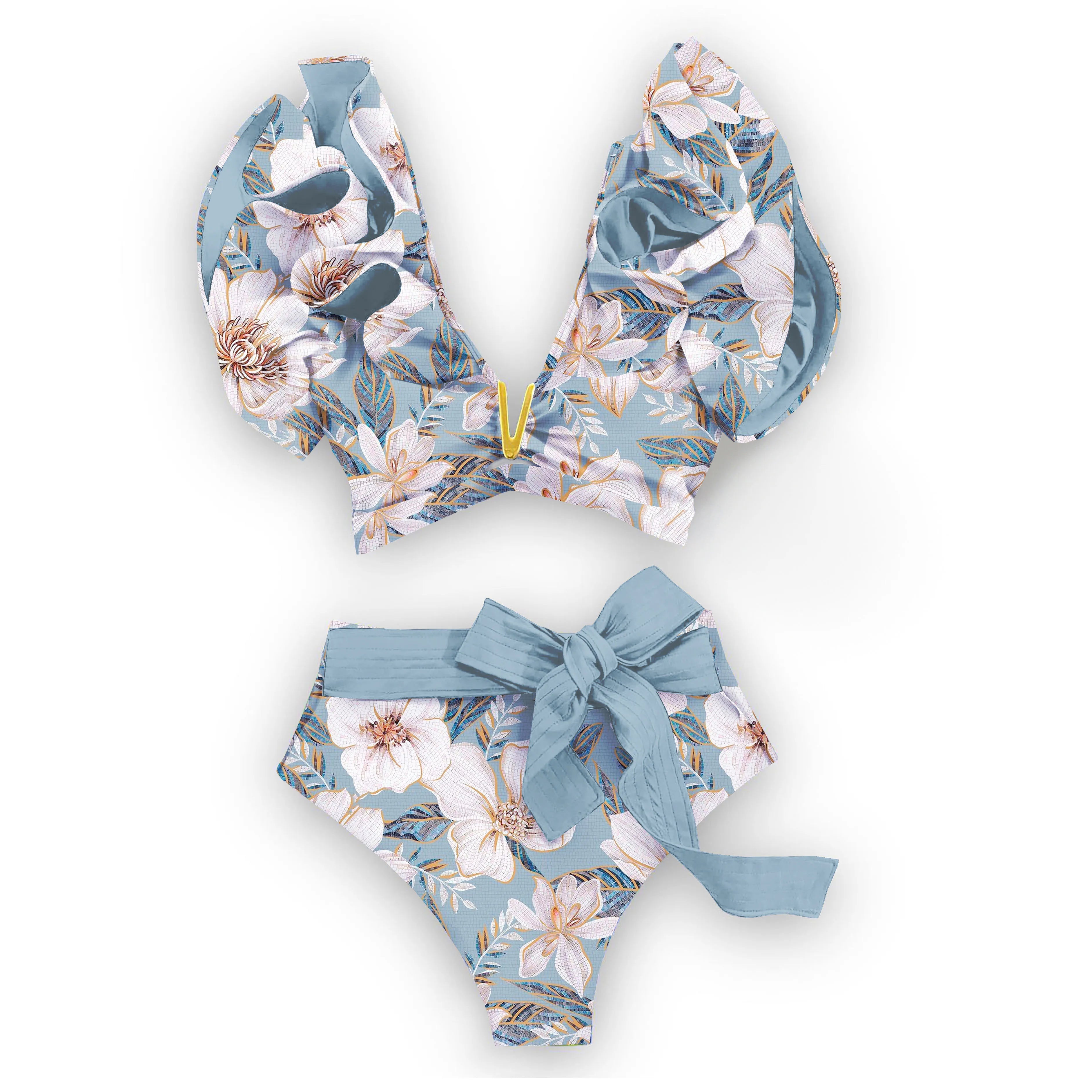 2025 New Sexy High Waist Bikini Sets Ruffle Swimwear Women Swimsuit Print Floral Dots V-neck Beach Wear Bathing Suits Biquini