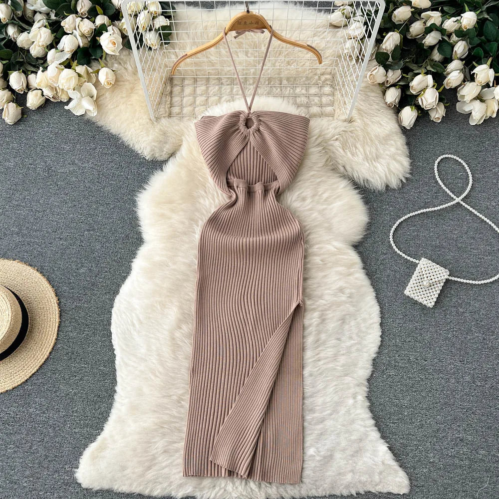 Women's Knit Bodycon Midi Dress — Sexy Slash Neck Split Streetwear