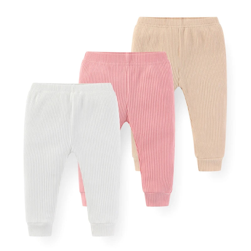 Baby Cotton Solid Pants 3-Pack – Soft Elastic Waist Trousers (0–24M)
