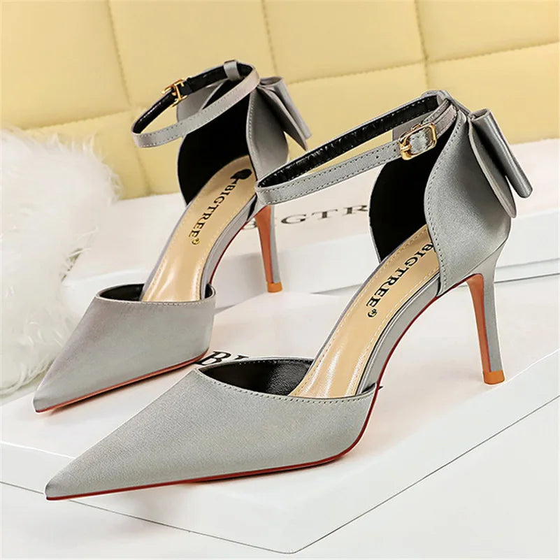 Women's High Heel Bow Sandals – Satin Ankle Strap Stiletto Heels 8cm & 10cm