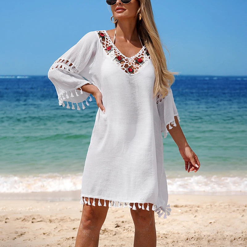 Hand Hook Patchwork Transparent Bikini Cover-Up, Floral Decoration Fashion Casual Dress, Loose-Fitting Style, Women's Swimwear