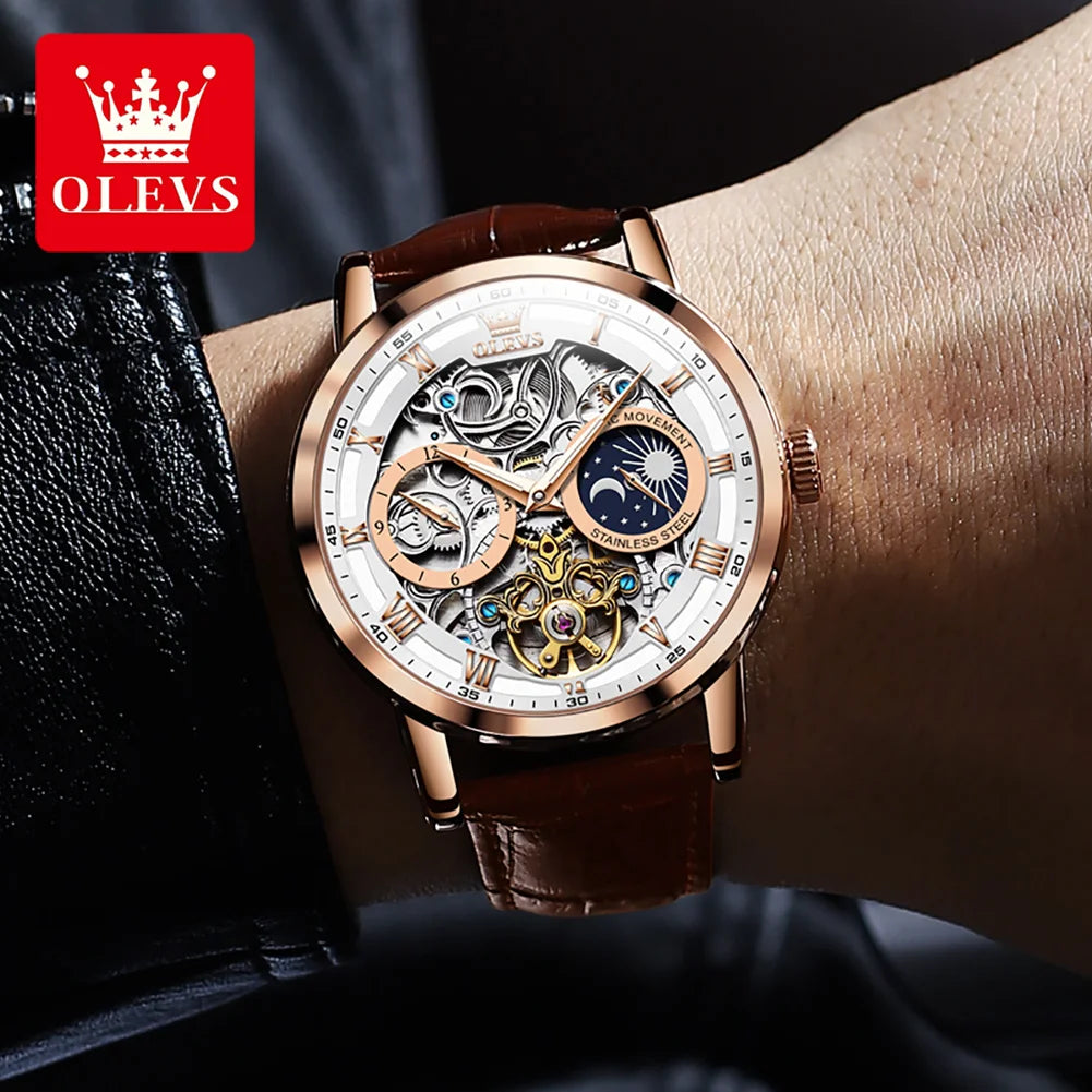 OLEVS 6670 Men's Automatic Mechanical Watch | Skeleton Leather Strap