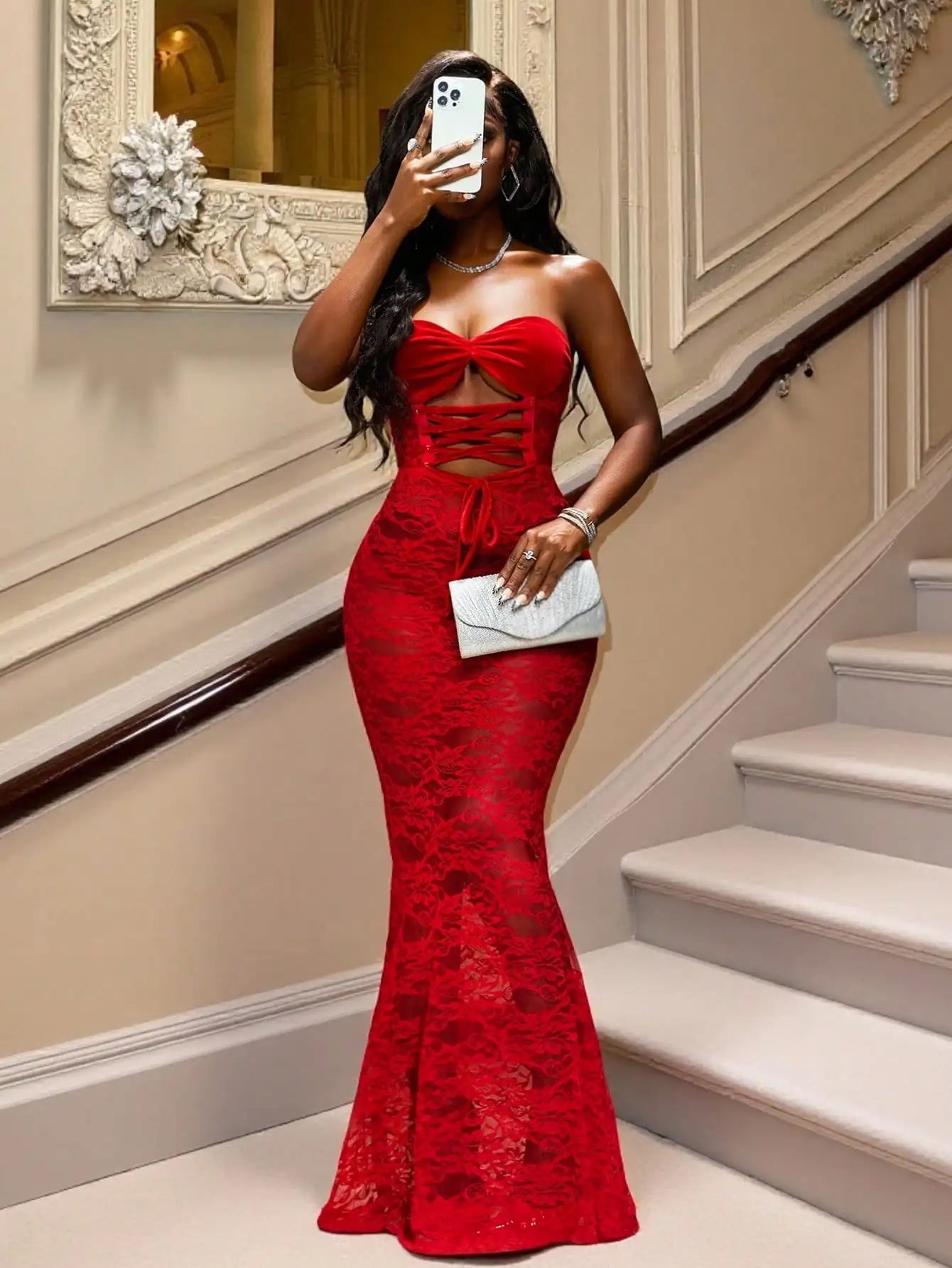 Women's Floral Lace Corset Fishtail Maxi Dress – Elegant Mermaid Evening Gown