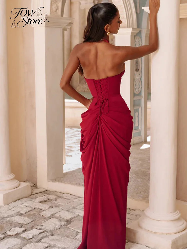 Women's Pleated Halter Backless Maxi Dress – Elegant Party Gown