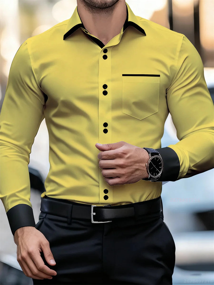 Men's Business Color Block Collar Long Sleeve Shirt, Slim Fit, Wrinkle-Free, Black and White Patchwork Shirt, Men's Fashion Top