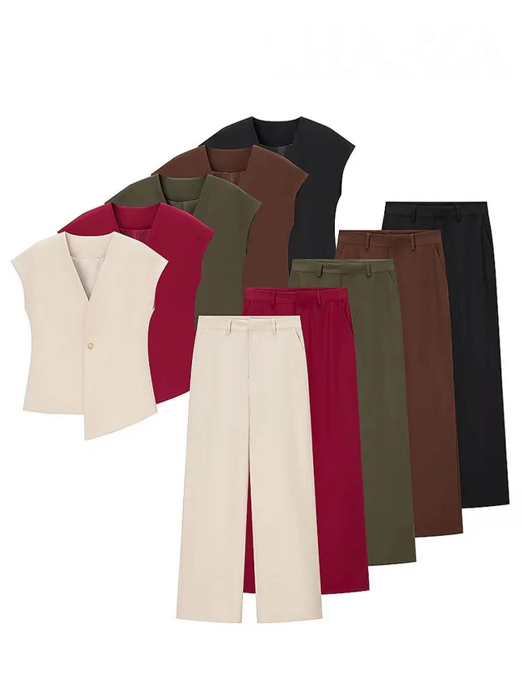 Women's V-Neck Buckle Vest & High Waist Wide-Leg Pants – Chic 2-Piece Office Set