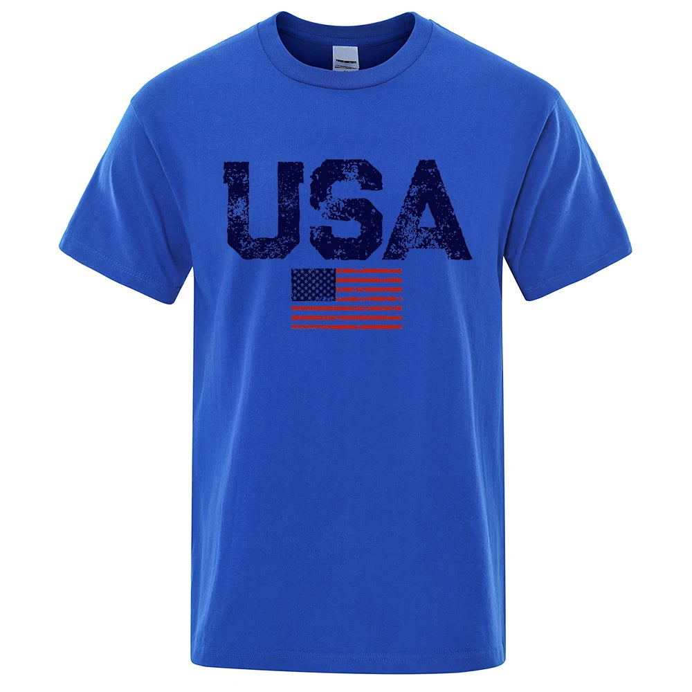 Men's Vintage USA Flag Street Print T-Shirt — Casual Cotton Tee