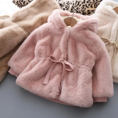 2024 Girls Kids Winter Coat Fake Fur Soft Velvet Thickening Warm Hooded Coats Cute Baby Belt Overcoats Children Clothing 0-8T