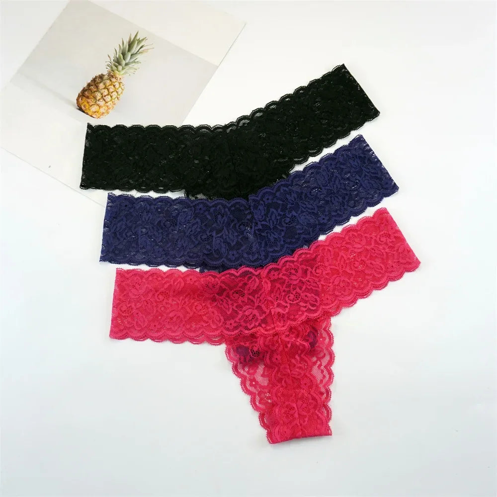 Women's Lace Thong Panties – 3-Pack Low-Rise Transparent Sexy Lingerie Set