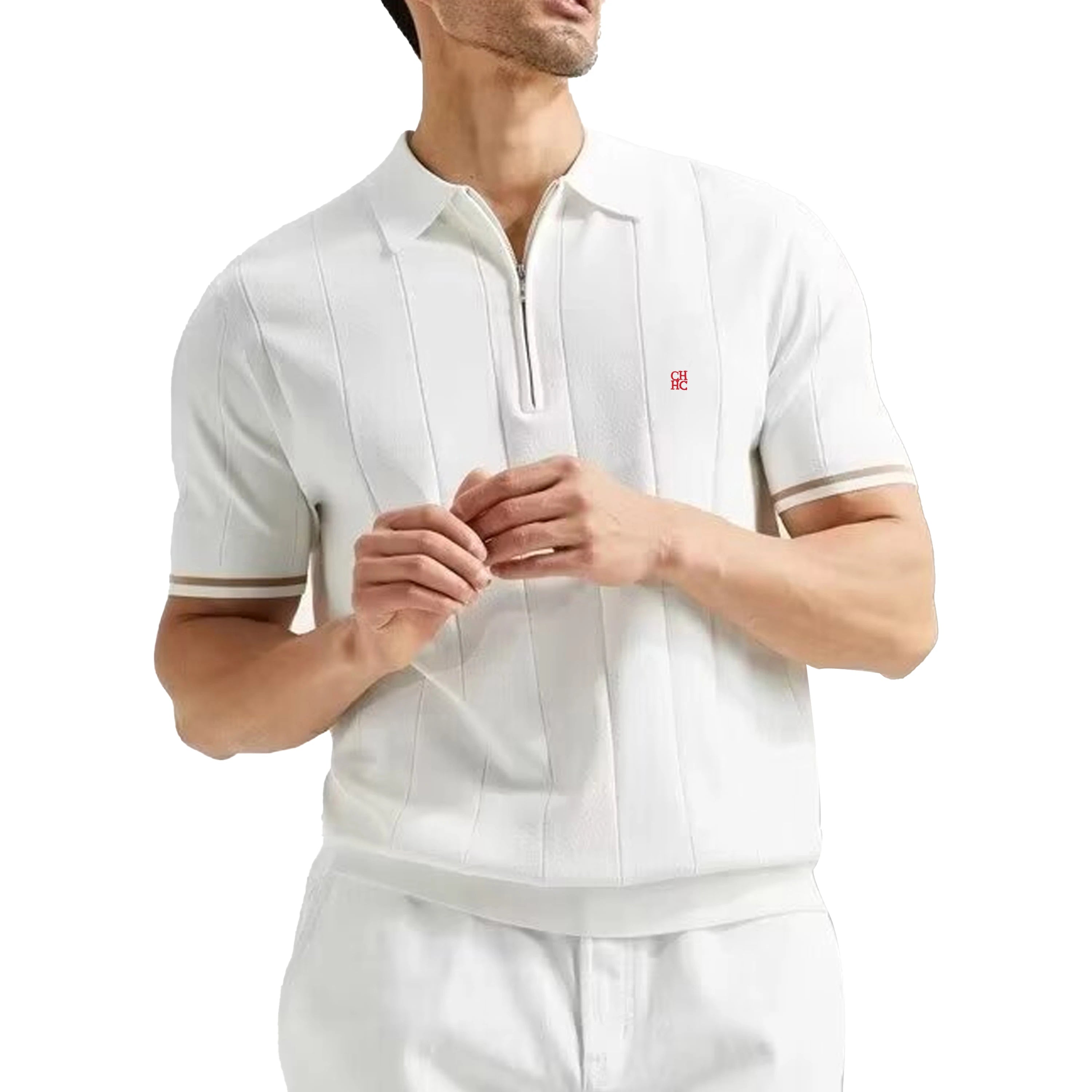Men's Ribbed Knit Polo Shirt — Breathable Smart Casual Tee with Embroidery
