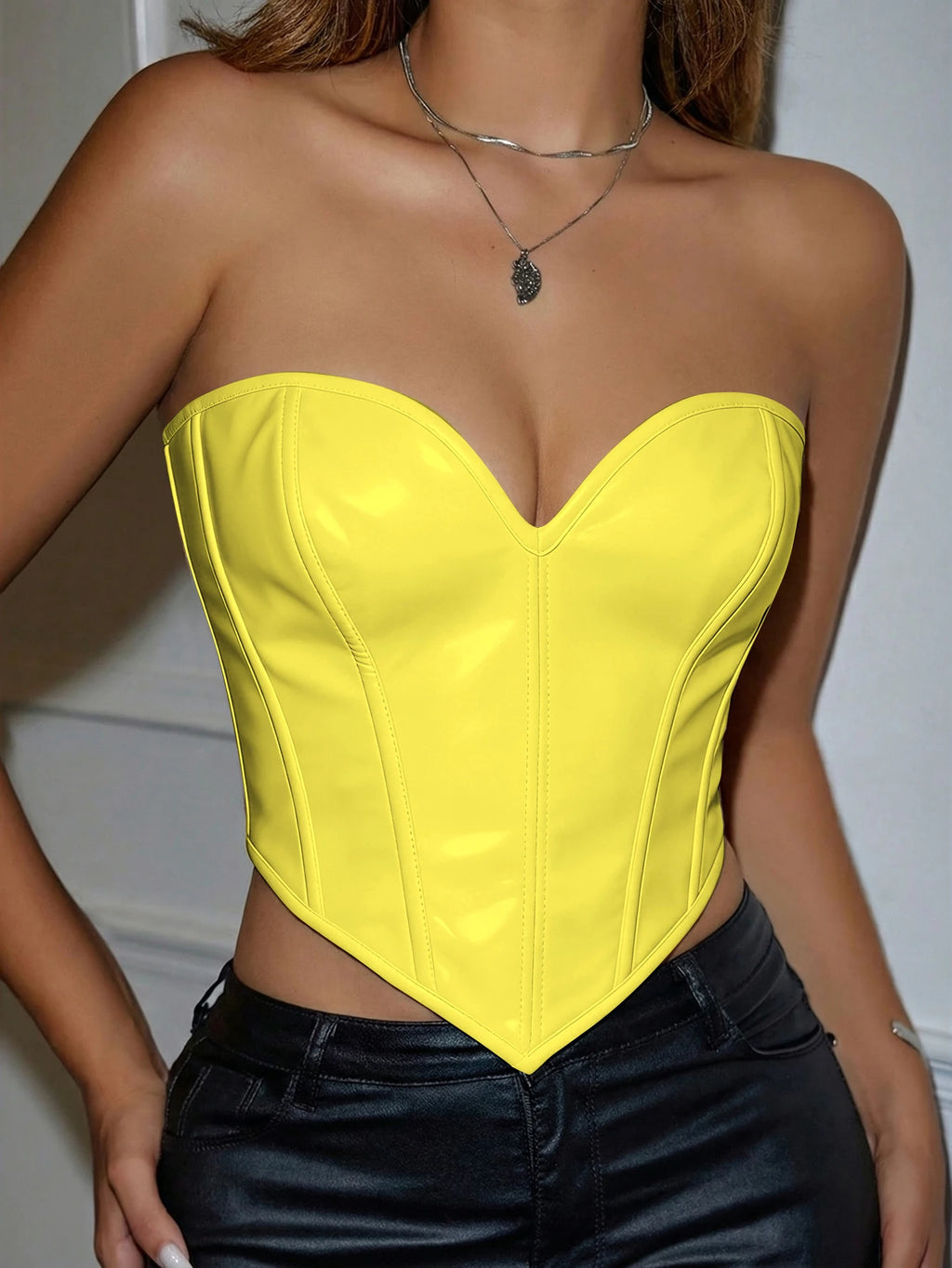 Women's Patent Leather Corset Top — Strapless V-Neck with Padded Bra