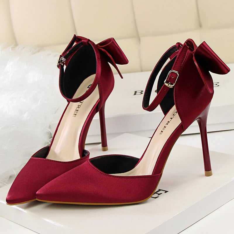 Women's High Heel Bow Sandals – Satin Ankle Strap Stiletto Heels 8cm & 10cm