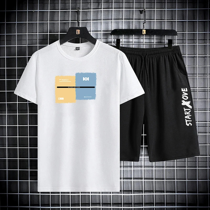 Trendy Suits for men  Men's Summer Shorts Set Gym Outfit Student Short Sleeve Tee 2 Piece Set Tracksuits Men Casual Men Clothing