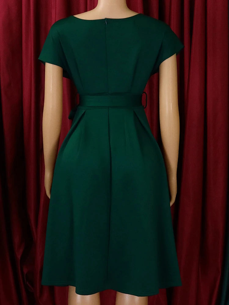 Women's Big Bow Puff Sleeve A-Line Midi Dress – V-Neck Summer Party Dress