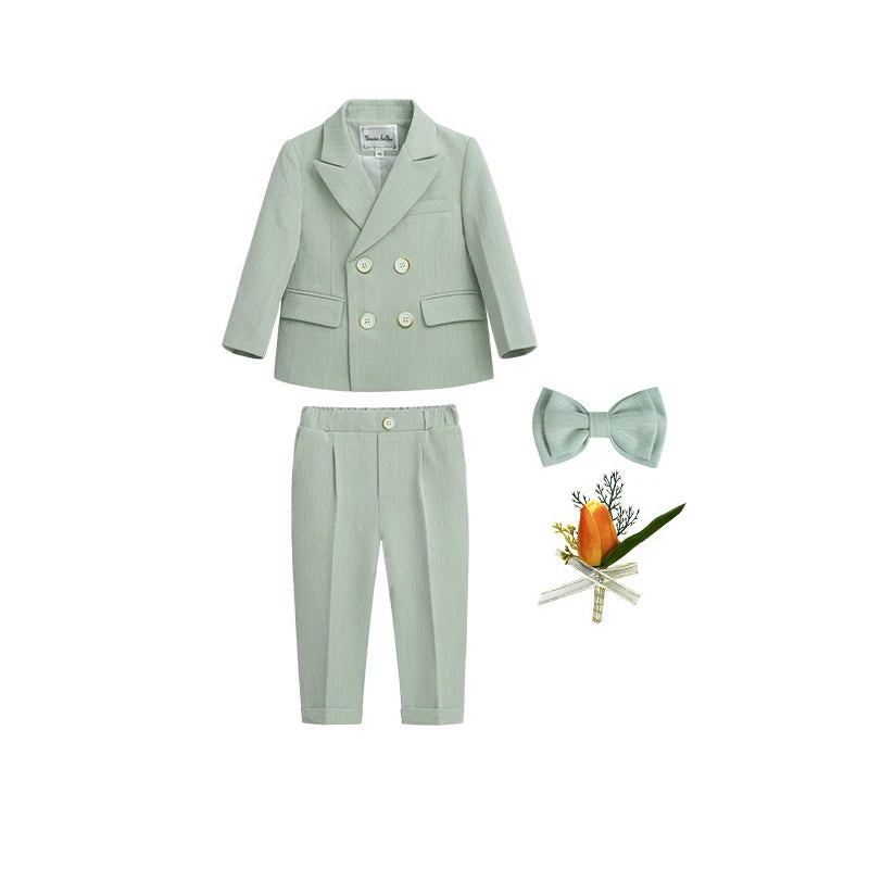 Boys' Formal Green Suit Set – Double-Breasted Blazer & Pants for Wedding & Birthday