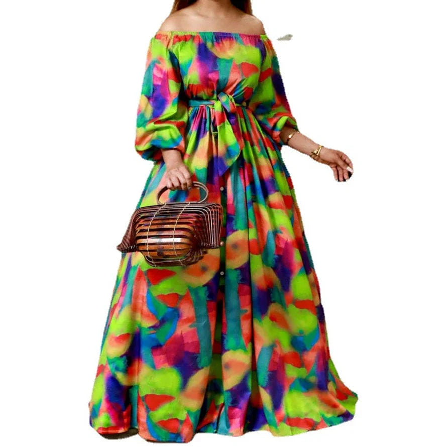 Women's Printed Maxi Dress – Off-Shoulder Puff Sleeve A-Line