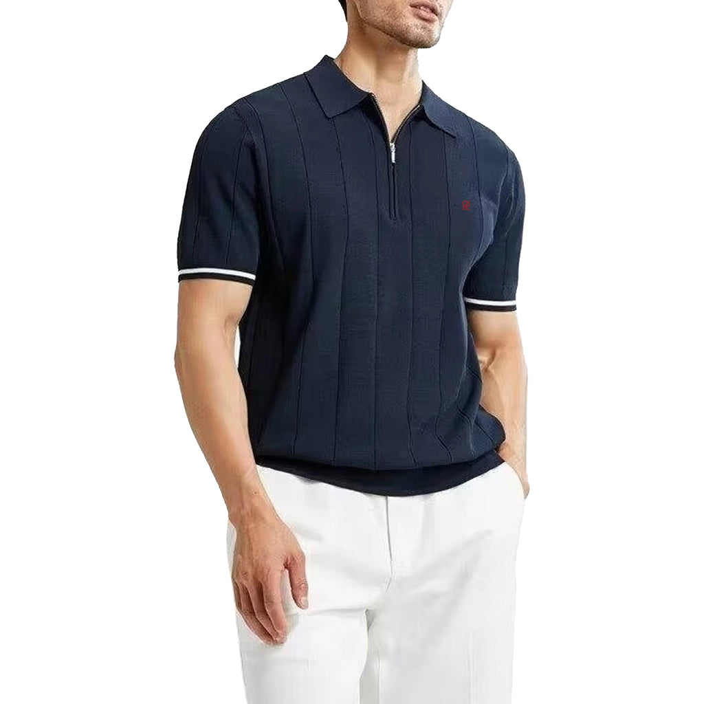 Men's Ribbed Knit Polo Shirt — Breathable Smart Casual Tee with Embroidery
